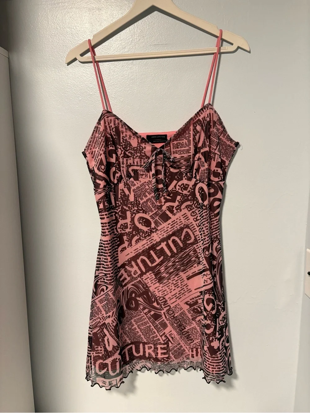 Urban Outfitters UO Elodie Mesh Slip Dress Newspaper Print Pink Black Size Large